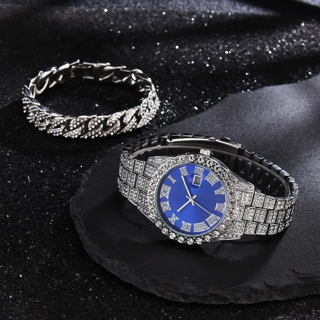European American Cross Border New Model Water Ghost Diamond Men's Watch Roman Scale Calendar Hip Hop Gold Large Plate Full Diamond Watch - Image 11