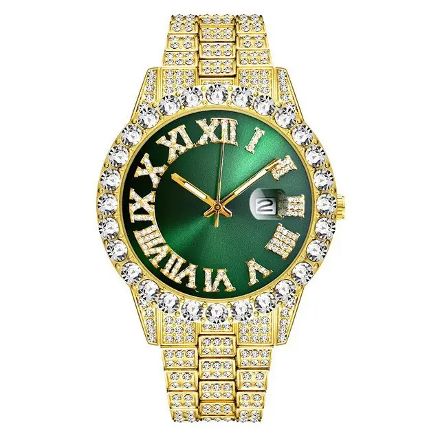 European American Cross Border New Model Water Ghost Diamond Men's Watch Roman Scale Calendar Hip Hop Gold Large Plate Full Diamond Watch - Image 2