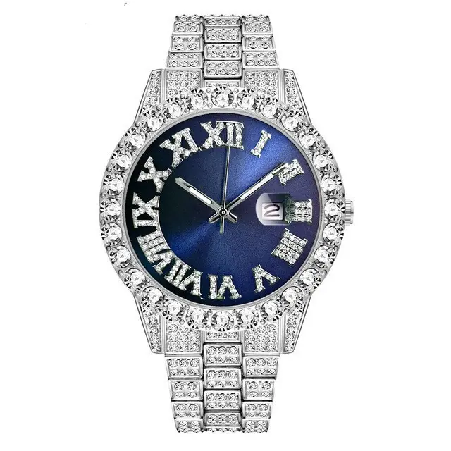 European American Cross Border New Model Water Ghost Diamond Men's Watch Roman Scale Calendar Hip Hop Gold Large Plate Full Diamond Watch - Image 5