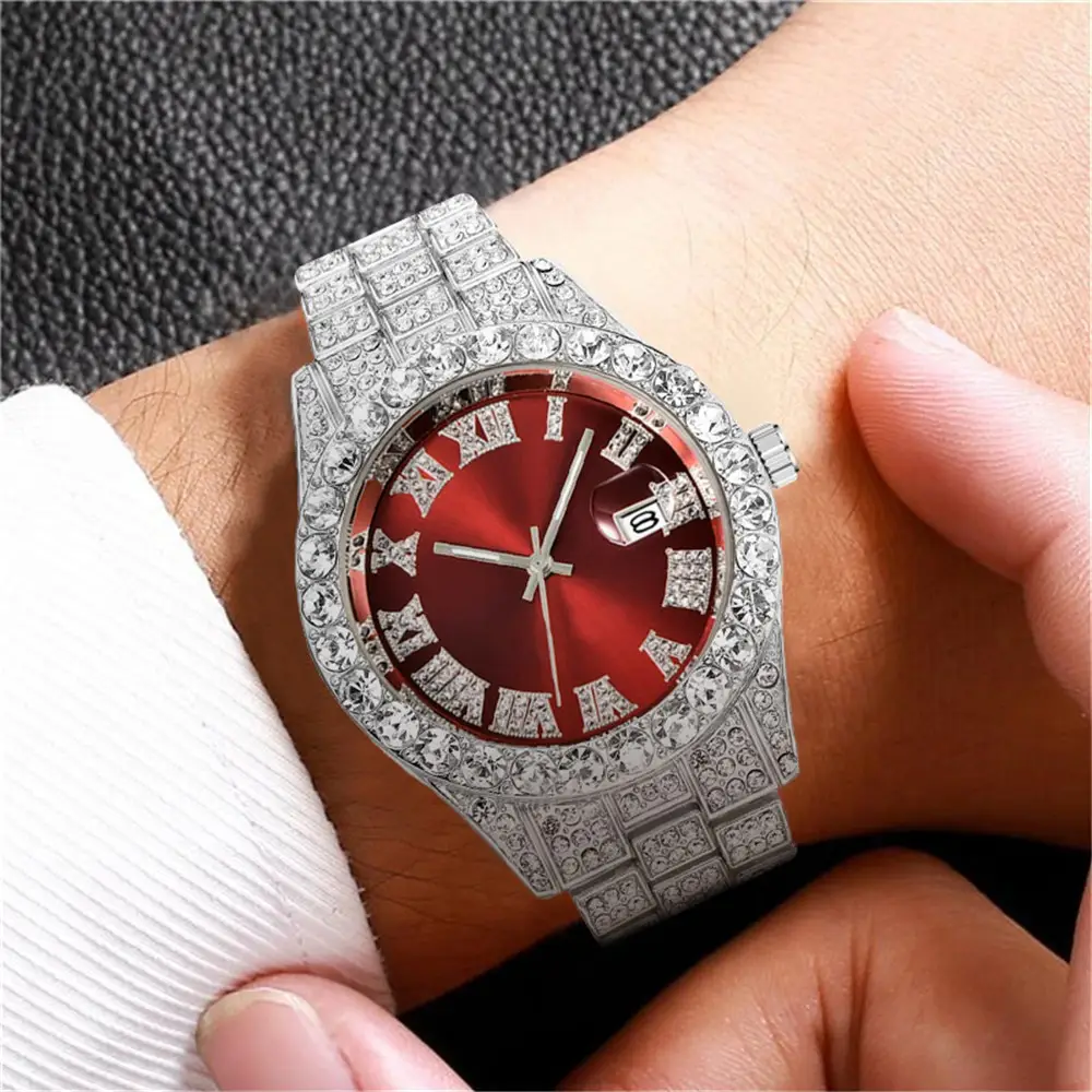 European American Cross Border New Model Water Ghost Diamond Men's Watch Roman Scale Calendar Hip Hop Gold Large Plate Full Diamond Watch — feature 4