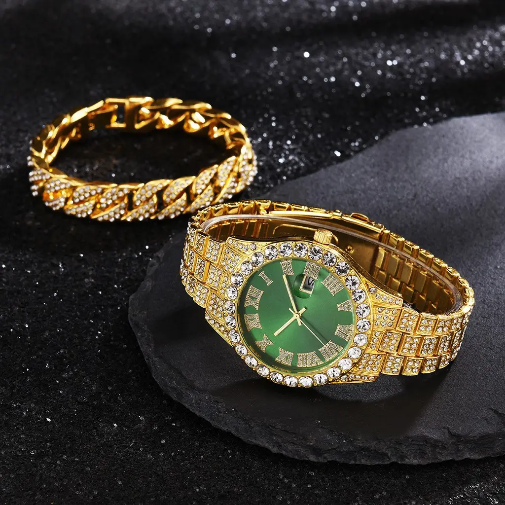 European American Cross Border New Model Water Ghost Diamond Men's Watch Roman Scale Calendar Hip Hop Gold Large Plate Full Diamond Watch — feature 7