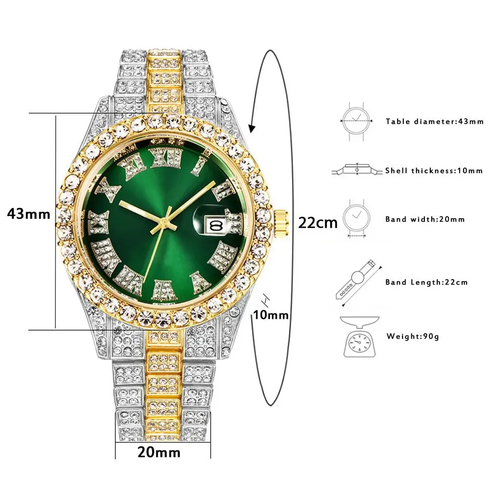European American Cross Border New Model Water Ghost Diamond Men's Watch Roman Scale Calendar Hip Hop Gold Large Plate Full Diamond Watch — feature 8