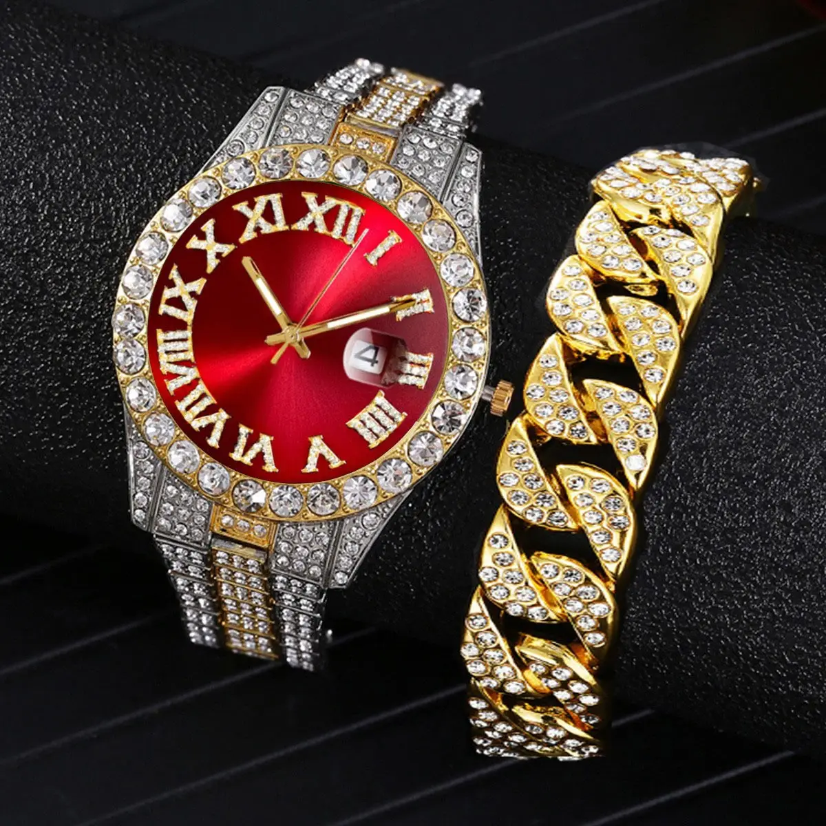 European American Cross Border New Model Water Ghost Diamond Men's Watch Roman Scale Calendar Hip Hop Gold Large Plate Full Diamond Watch - Image 10