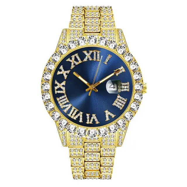 European American Cross Border New Model Water Ghost Diamond Men's Watch Roman Scale Calendar Hip Hop Gold Large Plate Full Diamond Watch - Image 3