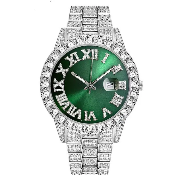 European American Cross Border New Model Water Ghost Diamond Men's Watch Roman Scale Calendar Hip Hop Gold Large Plate Full Diamond Watch - Image 6