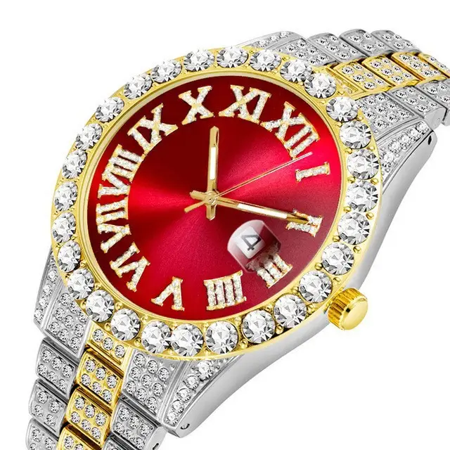 European American Cross Border New Model Water Ghost Diamond Men's Watch Roman Scale Calendar Hip Hop Gold Large Plate Full Diamond Watch - Image 7