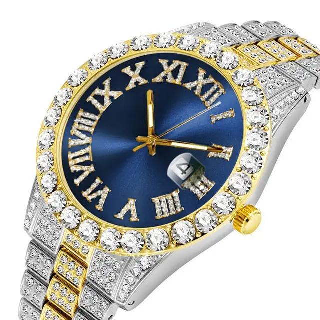 European American Cross Border New Model Water Ghost Diamond Men's Watch Roman Scale Calendar Hip Hop Gold Large Plate Full Diamond Watch - Image 8