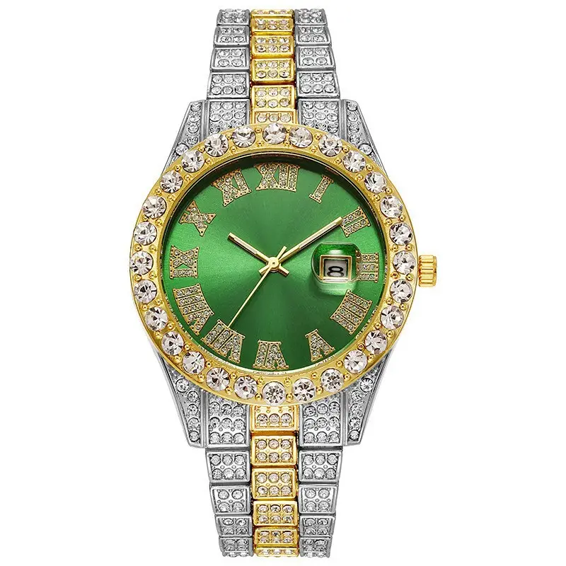 European American Cross Border New Model Water Ghost Diamond Men's Watch Roman Scale Calendar Hip Hop Gold Large Plate Full Diamond Watch - Image 9