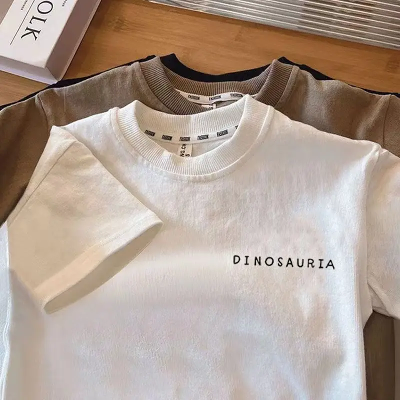 Kids Dinosaur Print Cotton T-Shirt Black White — feature 14