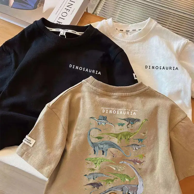 Kids Dinosaur Print Cotton T-Shirt Black White — feature 7