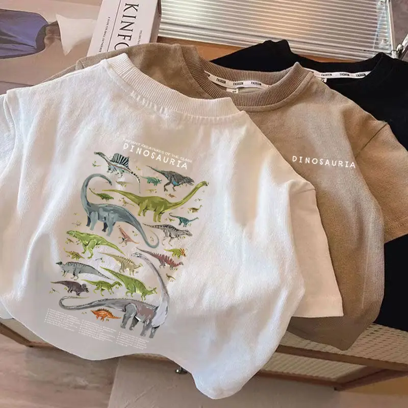 Kids Dinosaur Print Cotton T-Shirt Black White — feature 8