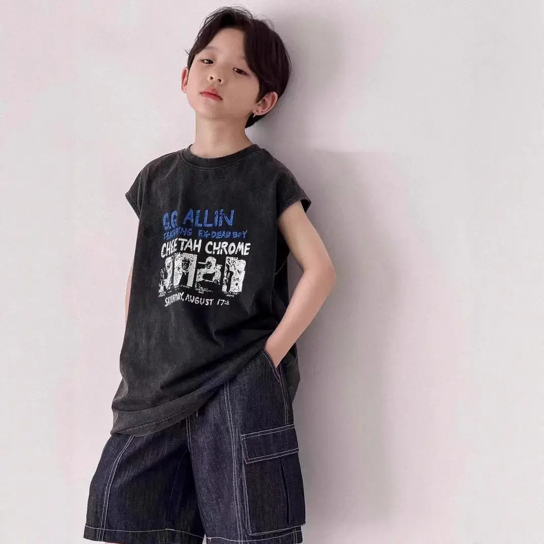 Pure Cotton Boys Sleeveless Vest T-Shirt Summer Korean Style - Image 2