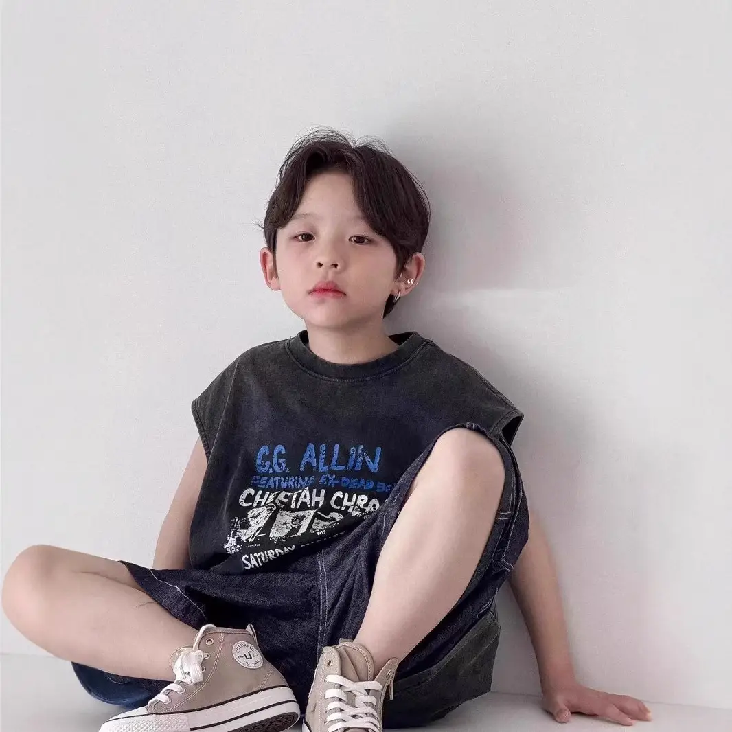 Pure Cotton Boys Sleeveless Vest T-Shirt Summer Korean Style - Image 3