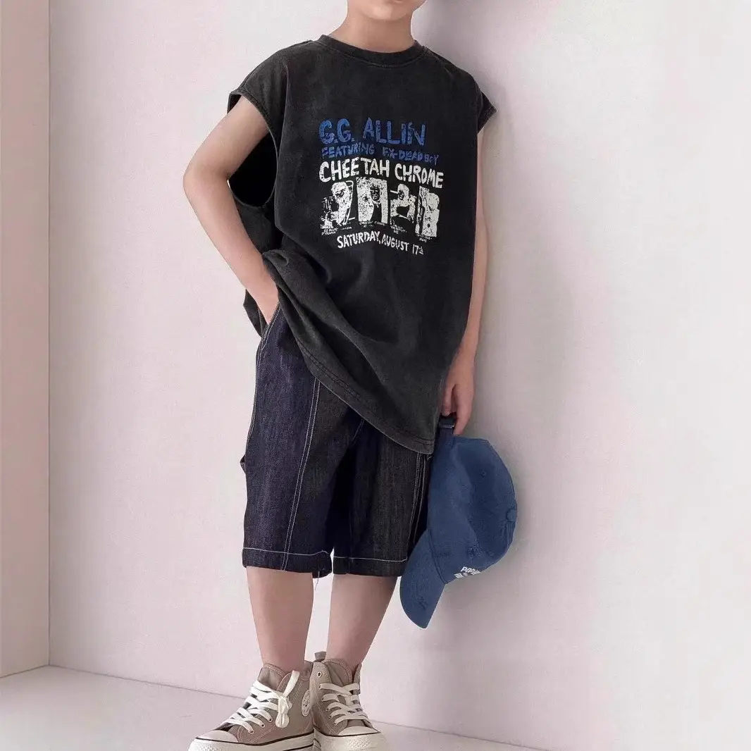 Pure Cotton Boys Sleeveless Vest T-Shirt Summer Korean Style - Image 4