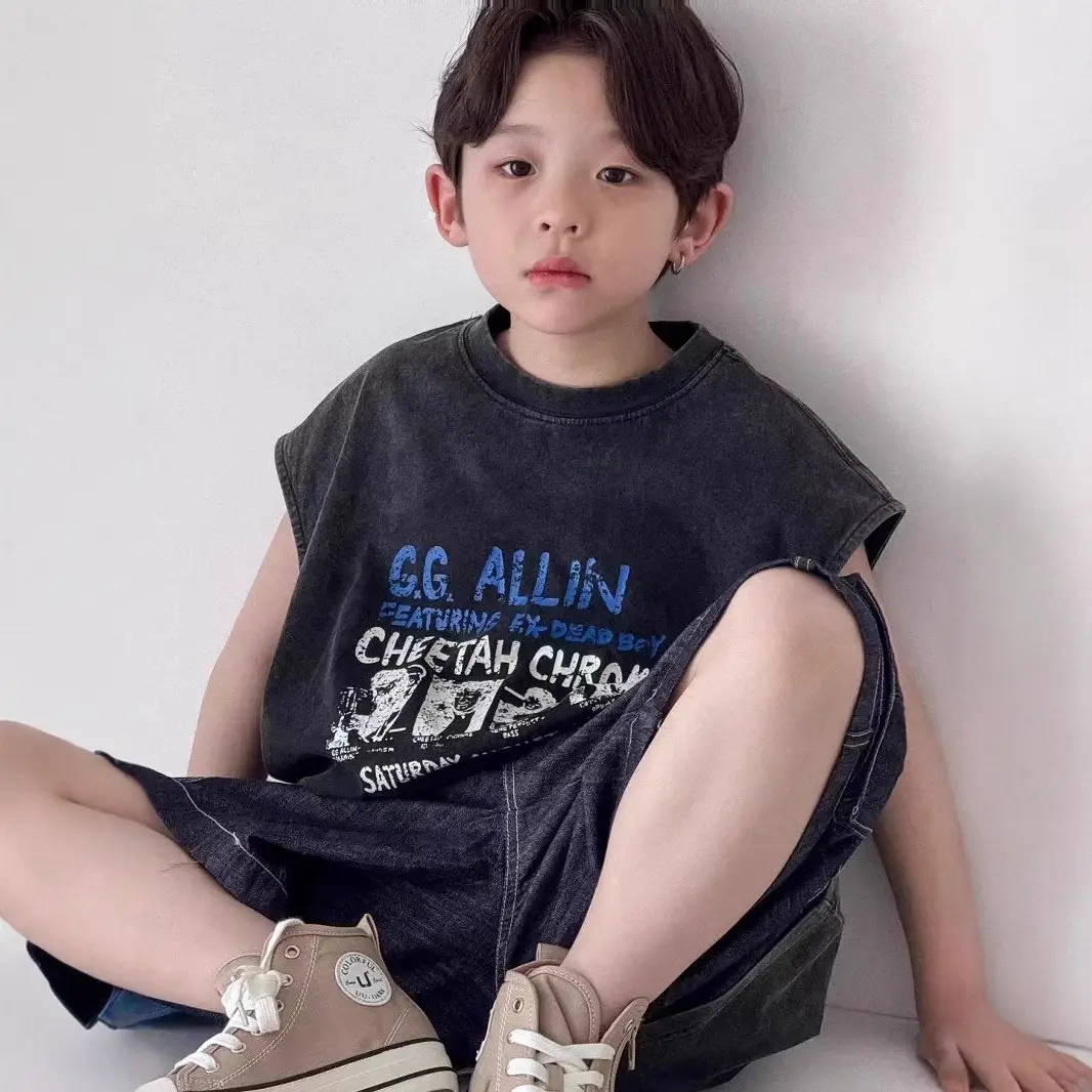 Pure Cotton Boys Sleeveless Vest T-Shirt Summer Korean Style - Image 6