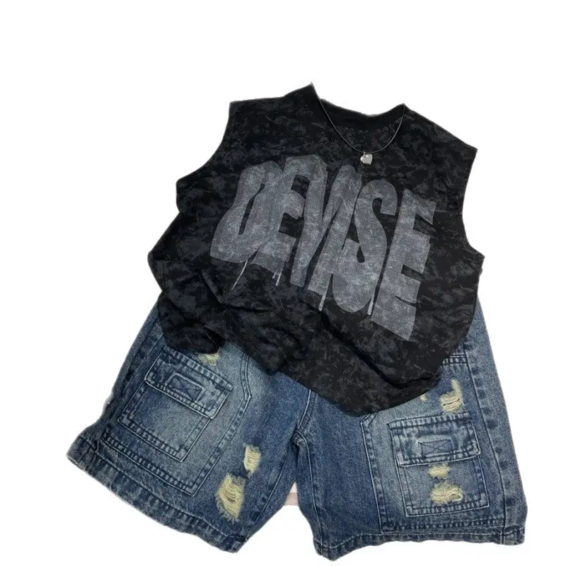 Kids Letter Print Vest & Shorts Set Black Blue