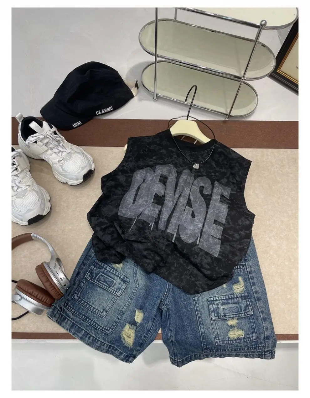 Kids Letter Print Vest & Shorts Set Black Blue — feature 4