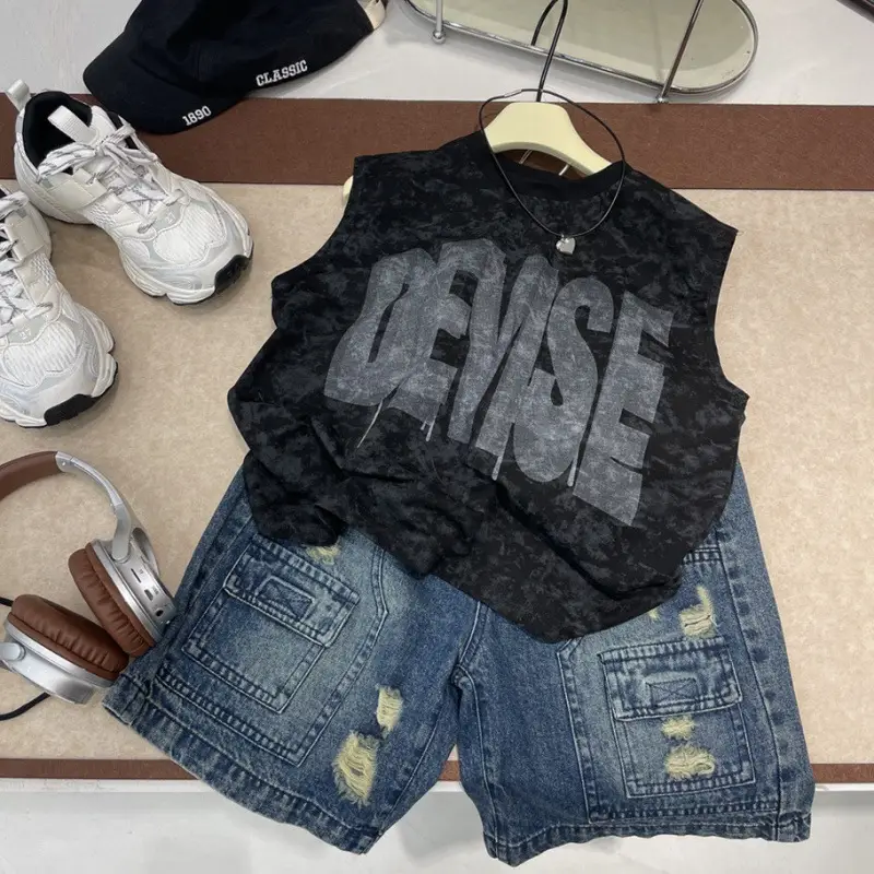 Kids Letter Print Vest & Shorts Set Black Blue