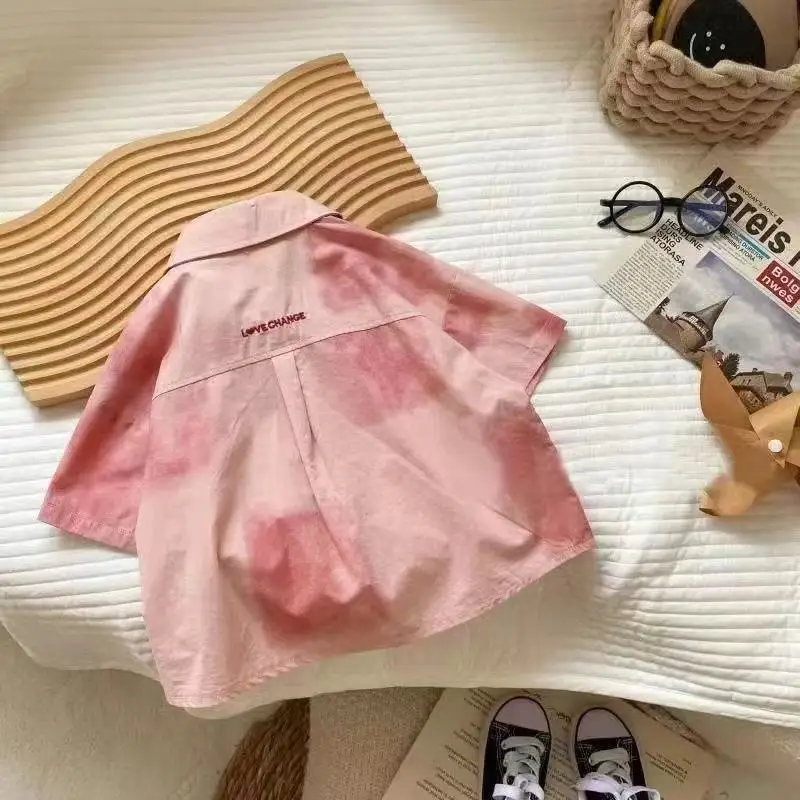 Pink Tie-Dye Elastic Cotton Boys Shirt Short Sleeve Summer