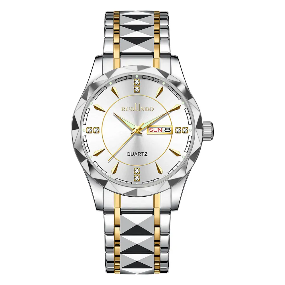 Ruolindo Men's Watch New Model Steel Band Dual Calendar Watch Men's Trendy High-End Luminous Quartz Men's Watch