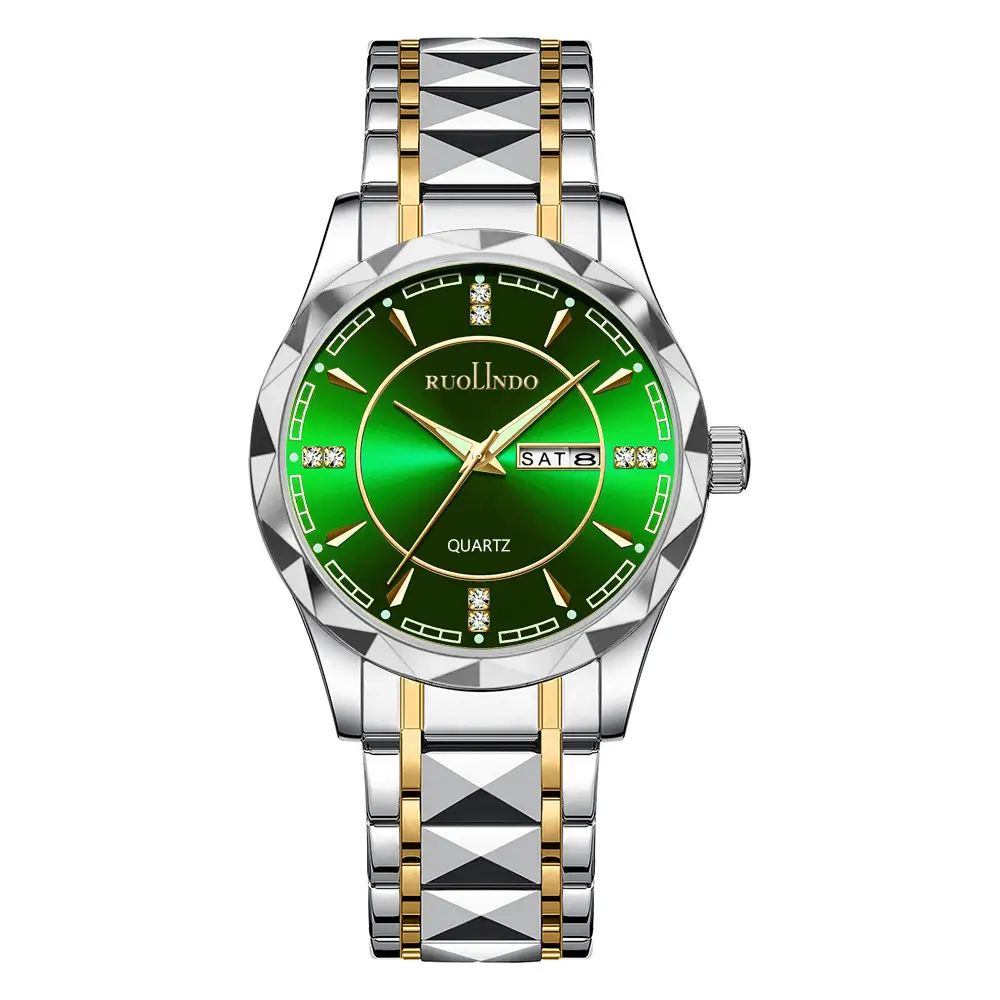 Ruolindo Men's Watch New Model Steel Band Dual Calendar Watch Men's Trendy High-End Luminous Quartz Men's Watch