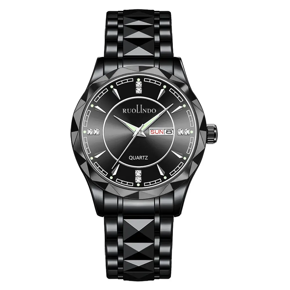 Ruolindo Men's Watch New Model Steel Band Dual Calendar Watch Men's Trendy High-End Luminous Quartz Men's Watch