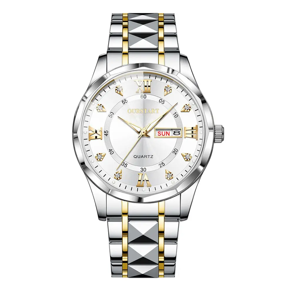 Ruolindo Men's Watch New Model Steel Band Dual Calendar Watch Men's Trendy High-End Luminous Quartz Men's Watch