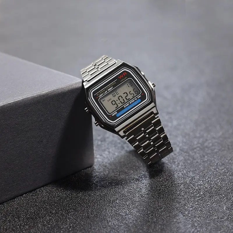 Men's Digital Watch with Steel Band & LED Display