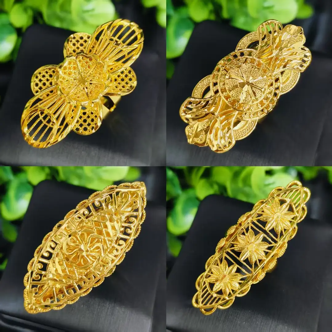 Cross-Border Hot-Selling Exquisite 24K Gold Flower Women's Ring That Does Not Fade Niche Design Middle East Dubai Elegant Wholesale