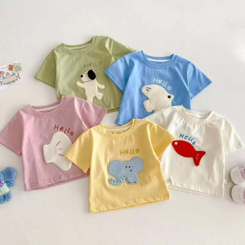 Hello Bear Cartoon Green Cotton T-Shirt for Kids - Image 6