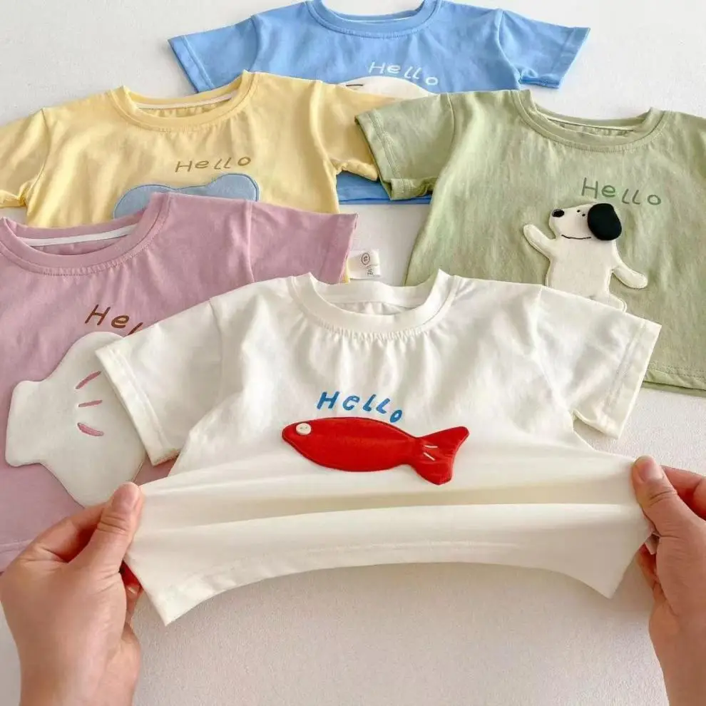 Hello Bear Cartoon Green Cotton T-Shirt for Kids — feature 3