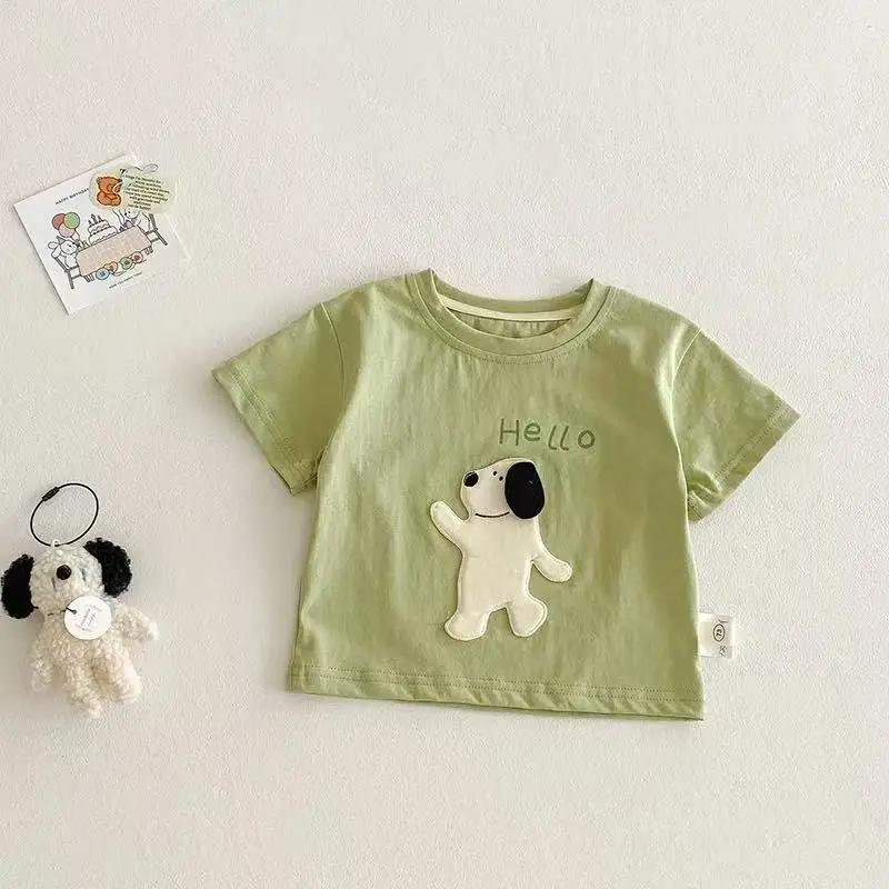 Hello Bear Cartoon Green Cotton T-Shirt for Kids - Image 3