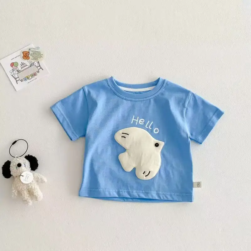 Hello Bear Cartoon Green Cotton T-Shirt for Kids - Image 4