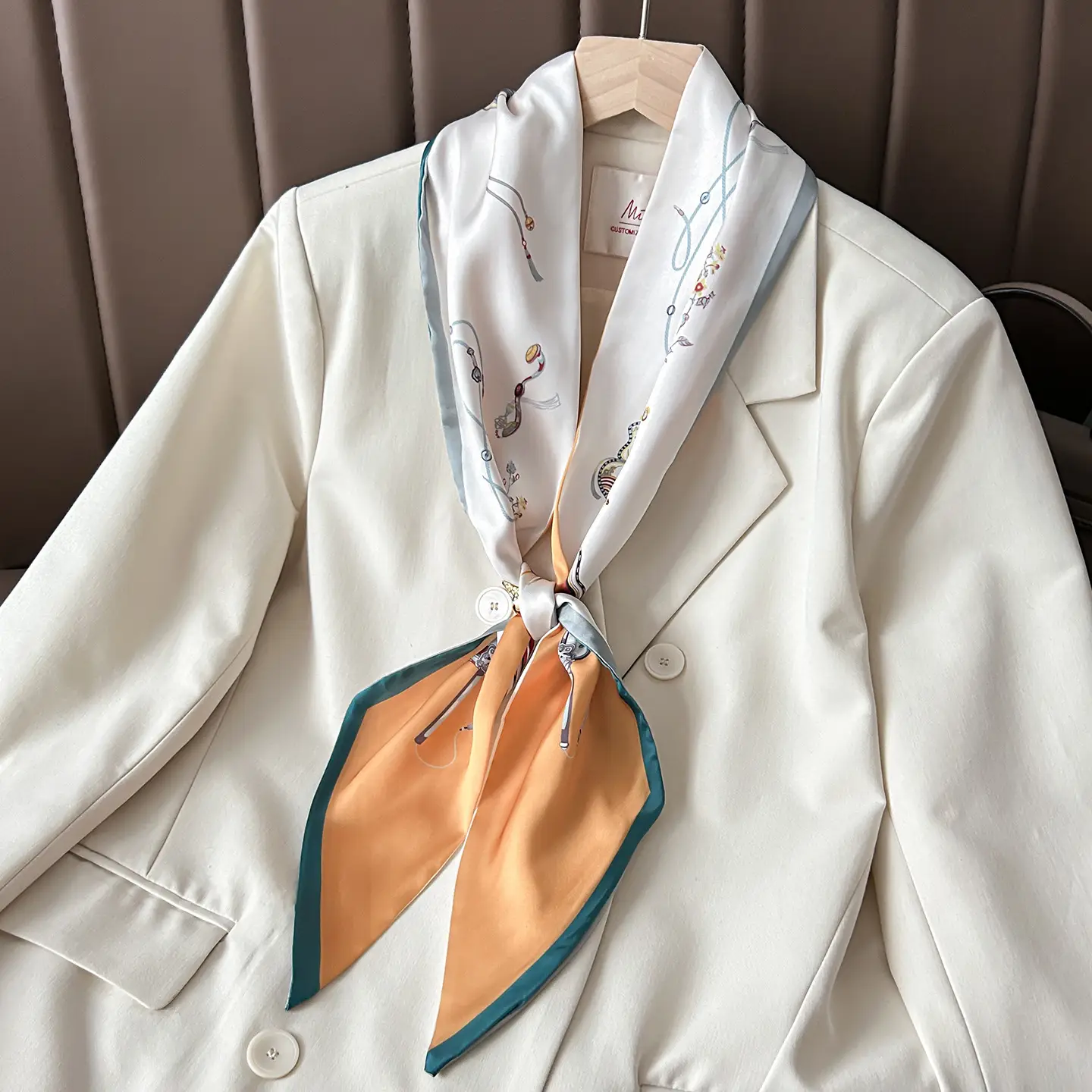 Women's Silk Scarf with Orange Border & Hairband - Image 46