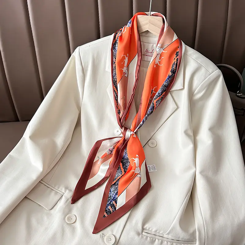 Women's Silk Scarf with Orange Border & Hairband - Image 30