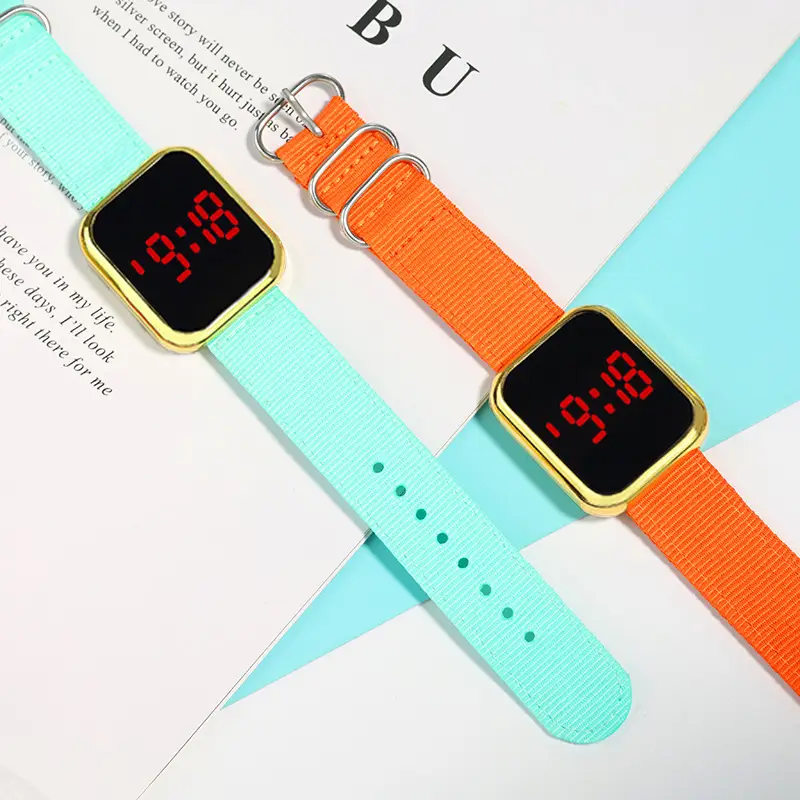 Touch LED Digital Watch Pink Nylon Strap for Men Women - Image 8