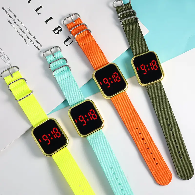 Touch LED Digital Watch Pink Nylon Strap for Men Women - Image 9
