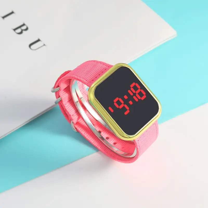 Touch LED Digital Watch Pink Nylon Strap for Men Women - Image 5