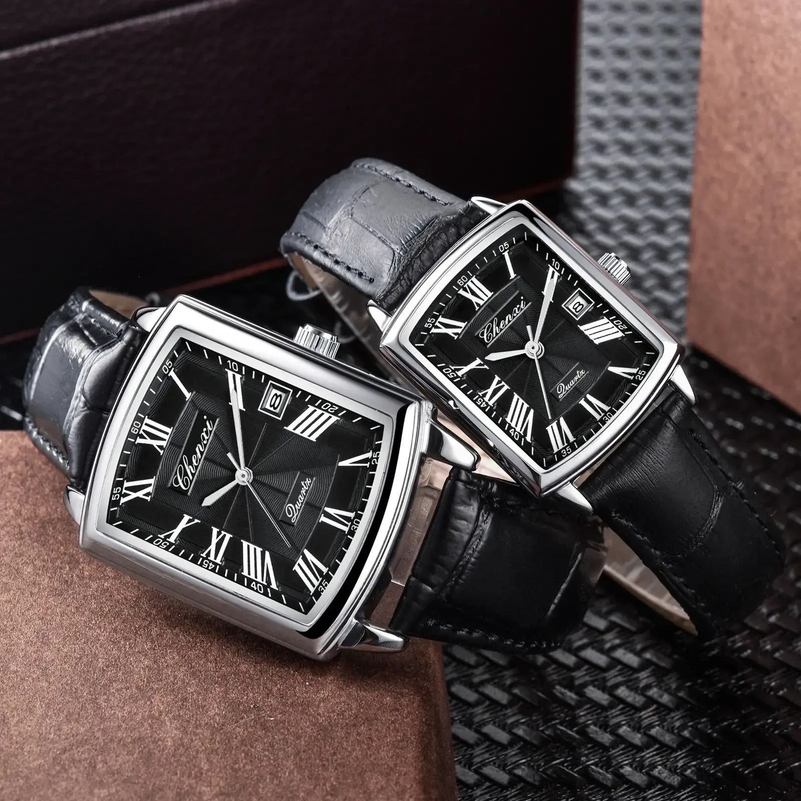 Chenxi Couple Square Watch Set Black Leather Belt - Image 9