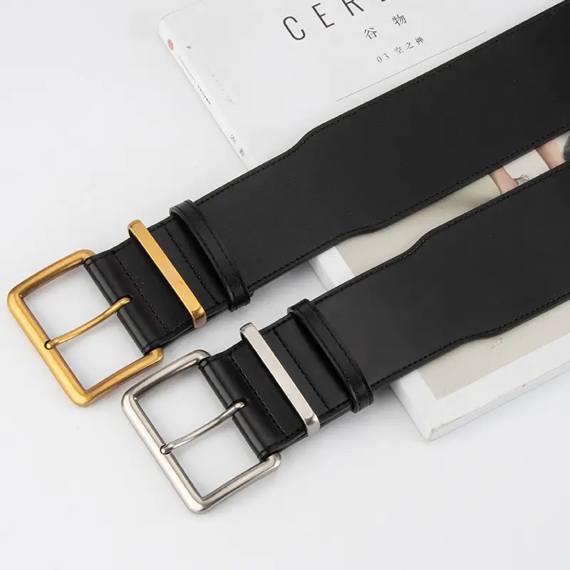 Women's Black Genuine Leather Belt with Gold & Silver Buckle
