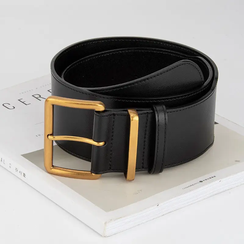 Women's Black Genuine Leather Belt with Gold & Silver Buckle