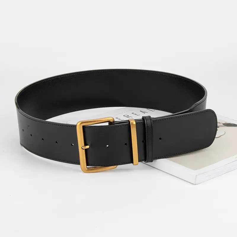 Women's Black Genuine Leather Belt with Gold & Silver Buckle