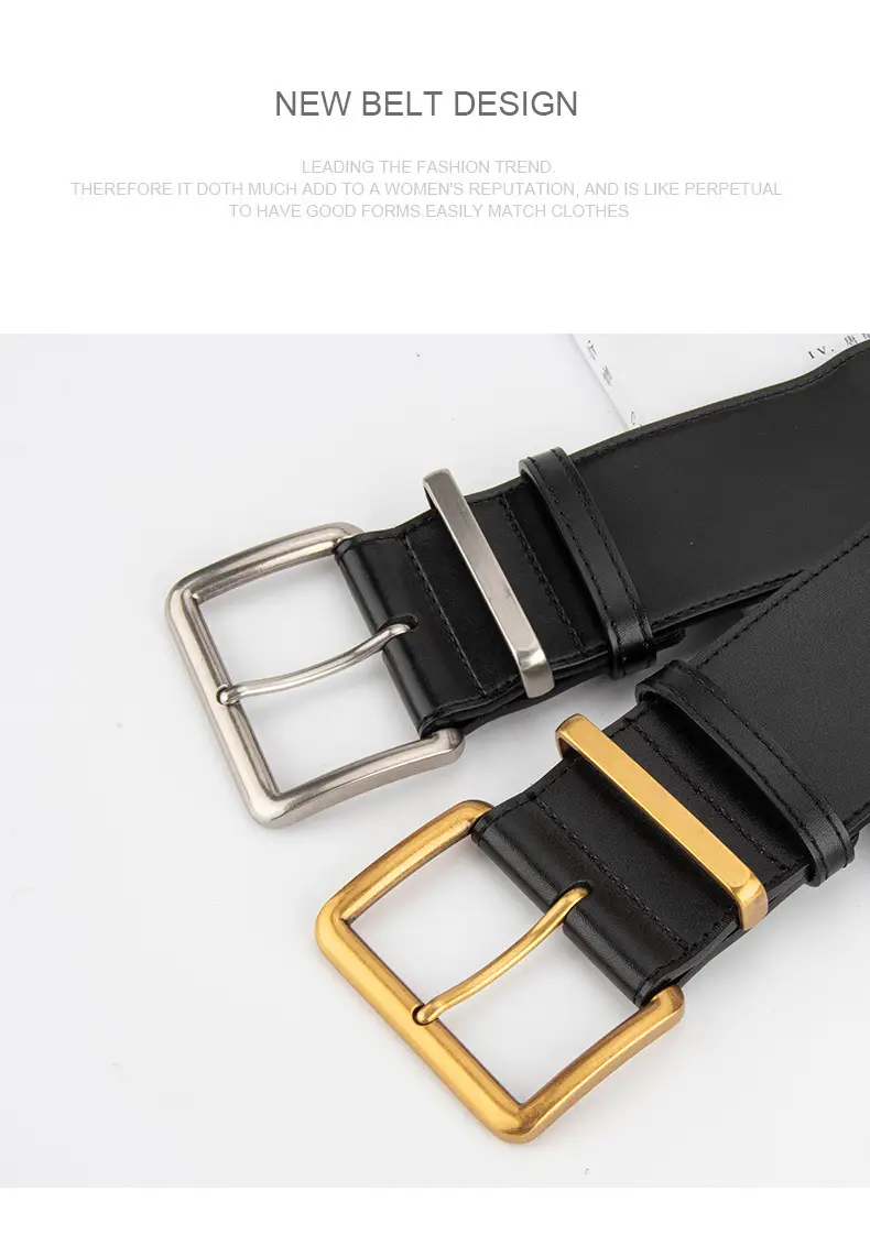 Women's Black Genuine Leather Belt with Gold & Silver Buckle — feature 11