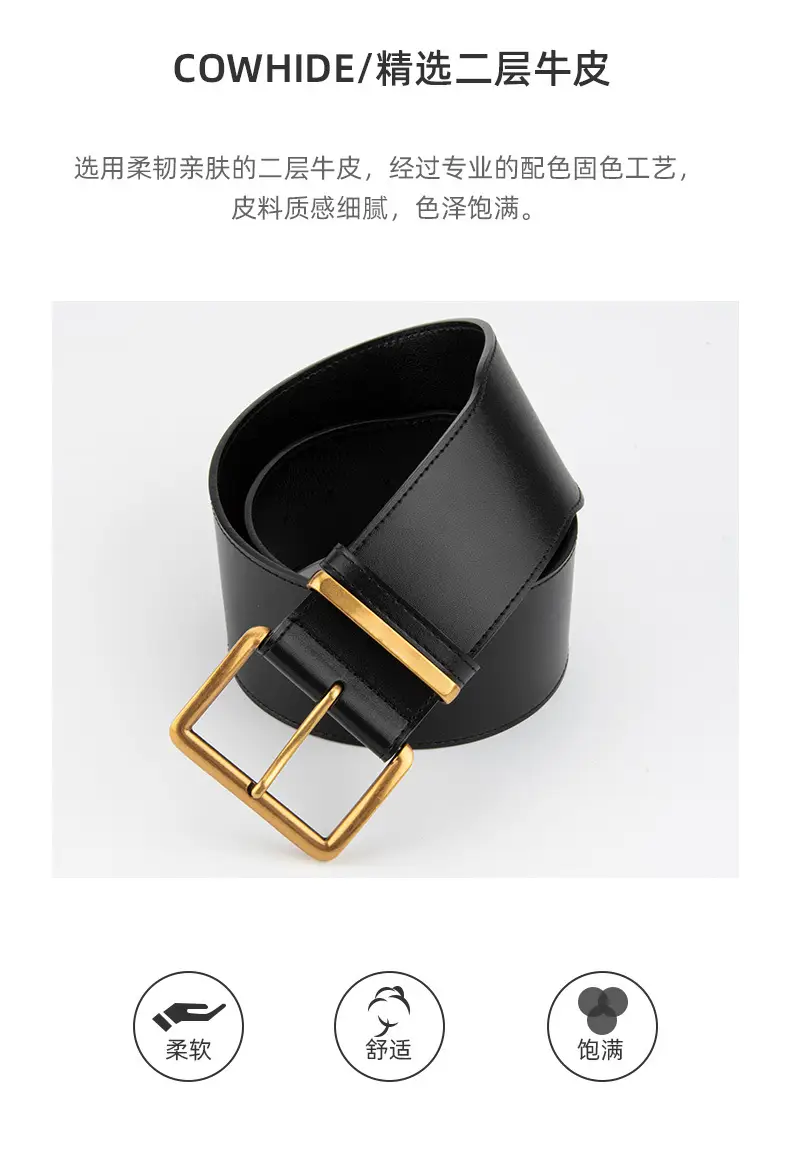 Women's Black Genuine Leather Belt with Gold & Silver Buckle — feature 5