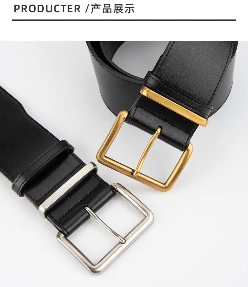 Women's Black Genuine Leather Belt with Gold & Silver Buckle — feature 9