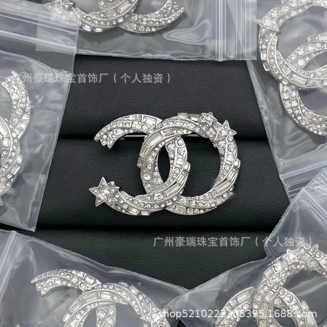 Double C Small Chanel Style Full Diamond Pearl Brooch Women's Clothing Accessories - Image 2