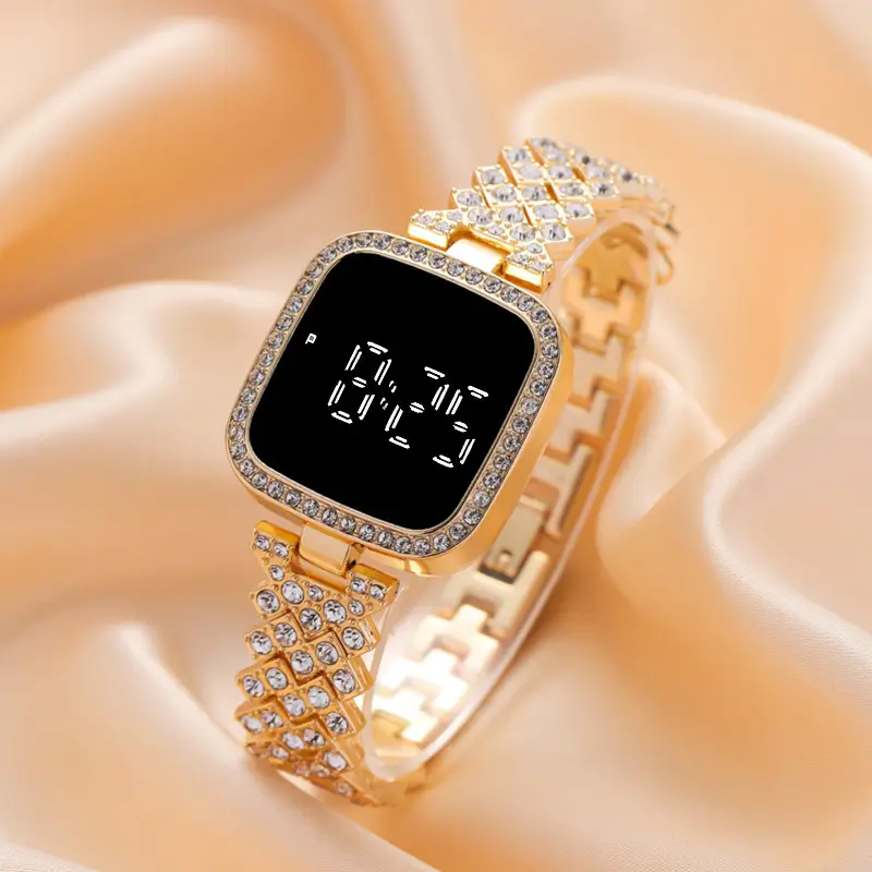 Women's Diamond Studded Digital Watch with Steel Band - Image 5