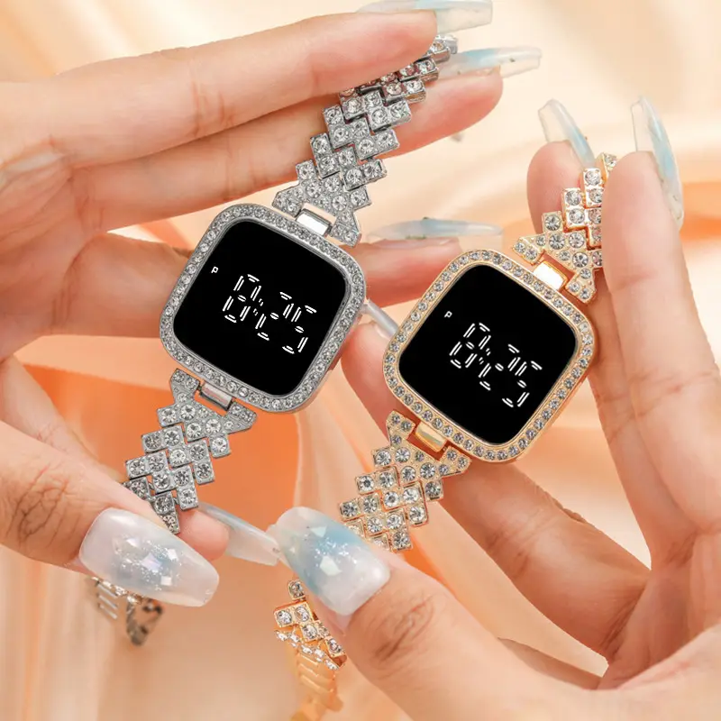 Women's Diamond Studded Digital Watch with Steel Band - Image 6