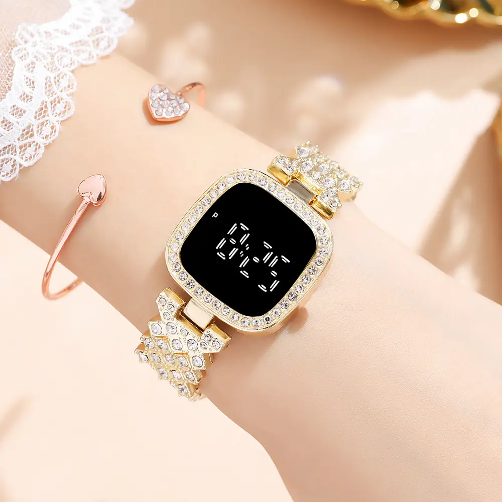 Women's Diamond Studded Digital Watch with Steel Band - Image 7