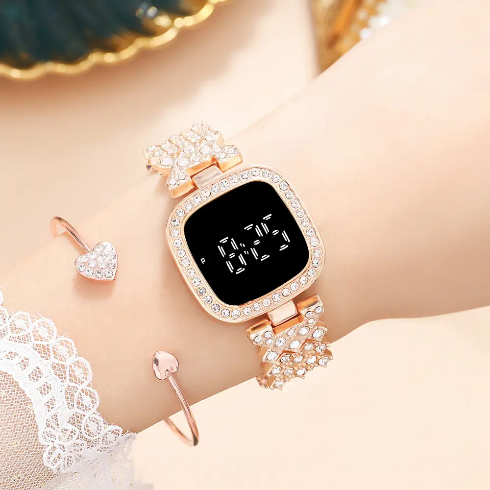 Women's Diamond Studded Digital Watch with Steel Band - Image 8